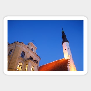 Old House Cafe Maiasmokk and Holy Spirit Church on Varna Trug at dusk, Tallinn, Estonia, Baltic States, Europe Sticker